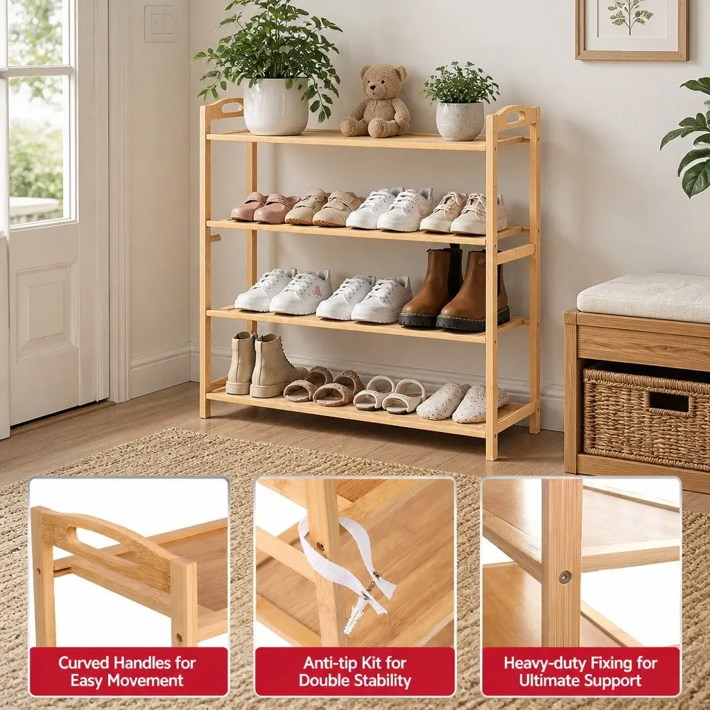4-Tier Shoe Rack Bamboo Open Storage Organizer for Hallway Entryway Closet