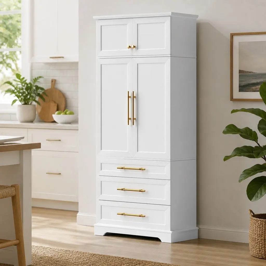 Buffet Sideboard Cabinet White Hamptons Style with 2 Cabinets 3 Drawers and Adjustable Shelves