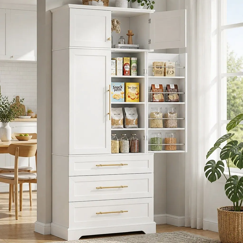 Buffet Sideboard Cabinet White Hamptons Style with 2 Cabinets 3 Drawers and Adjustable Shelves
