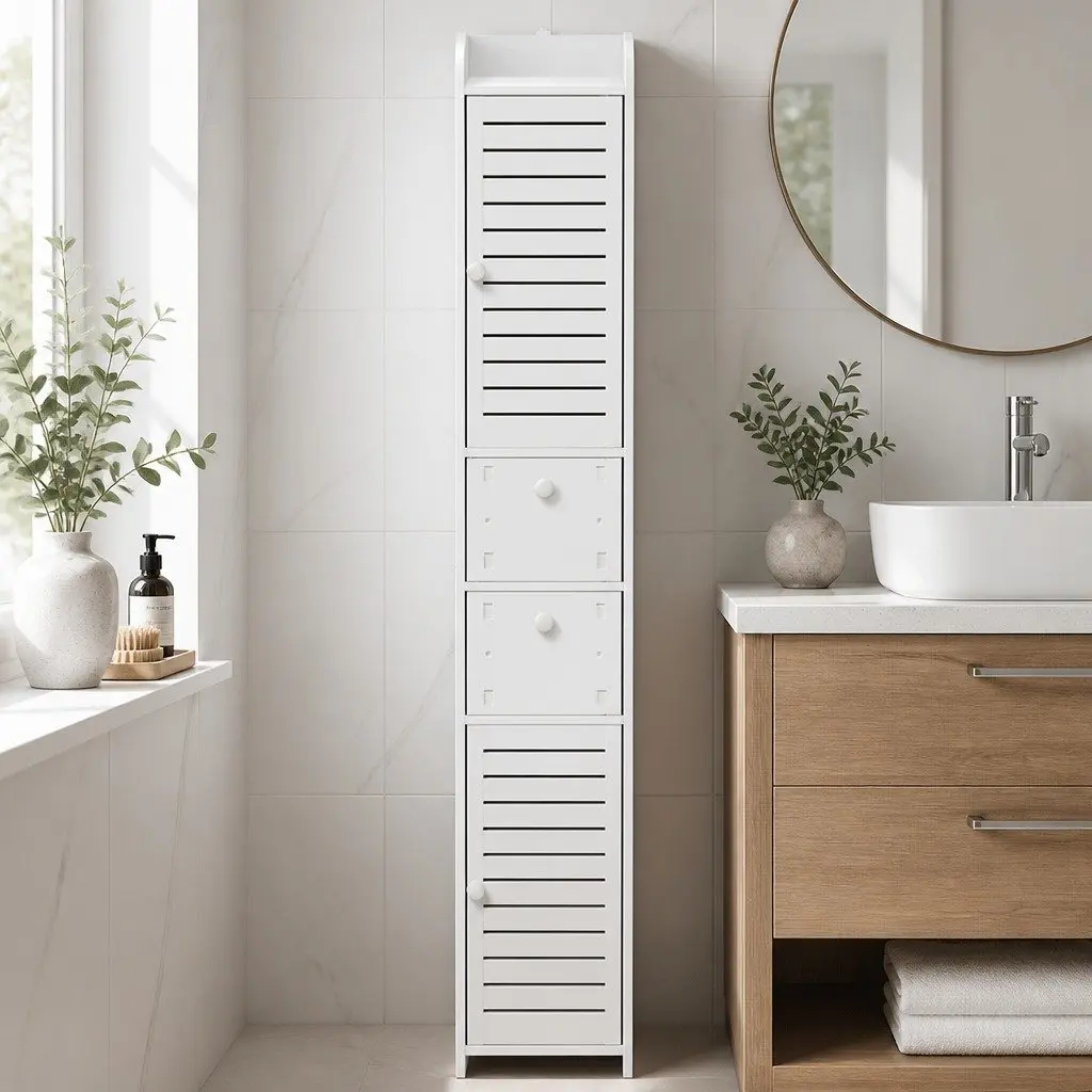 Bathroom Storage Cabinet 2X Toilet Laundry Tallboy Cupboard Drawers White