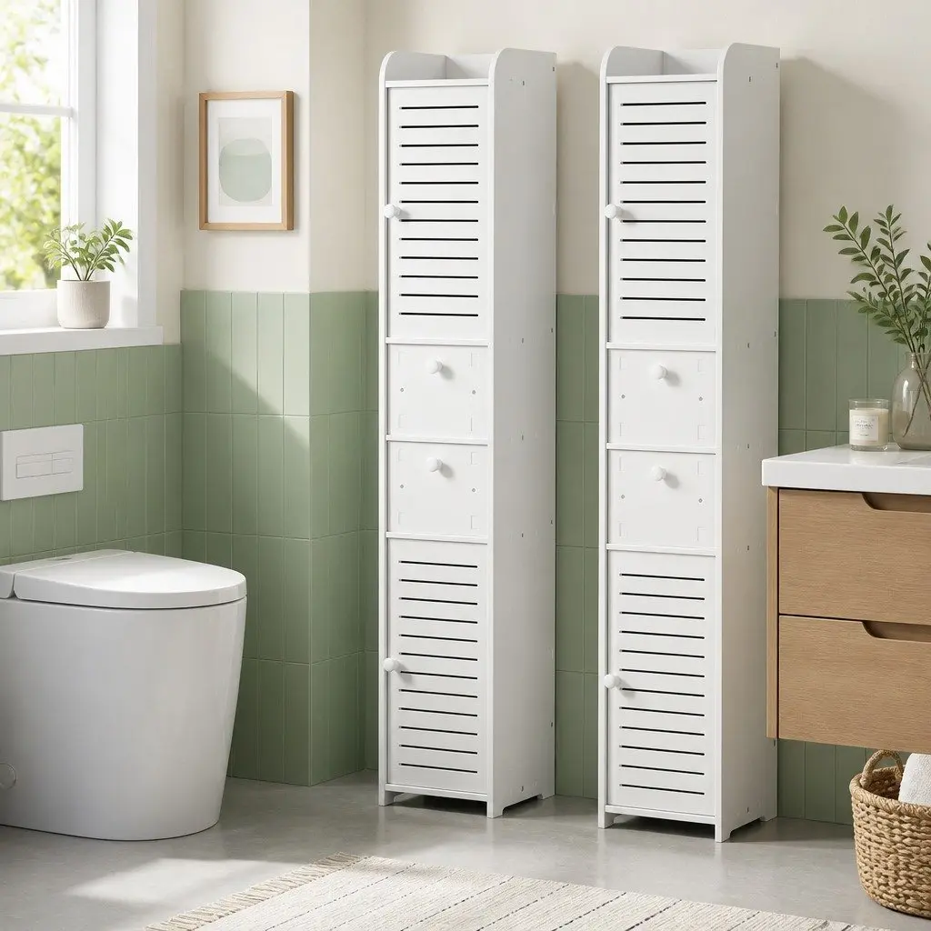 Bathroom Storage Cabinet 2X Toilet Laundry Tallboy Cupboard Drawers White
