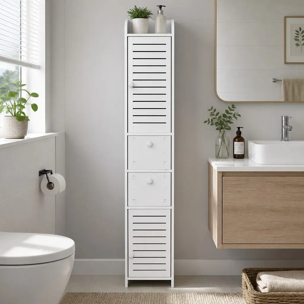 Bathroom Storage Cabinet Toilet Tallboy Cupboard White Slim Corner Laundry