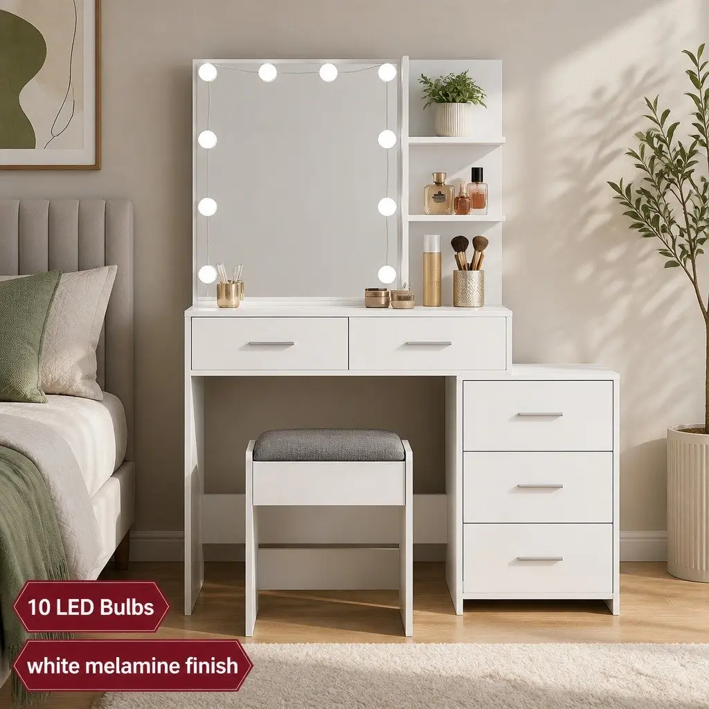 Dressing Table Set White LED Makeup Mirror Padded Stool Five Storage Drawers