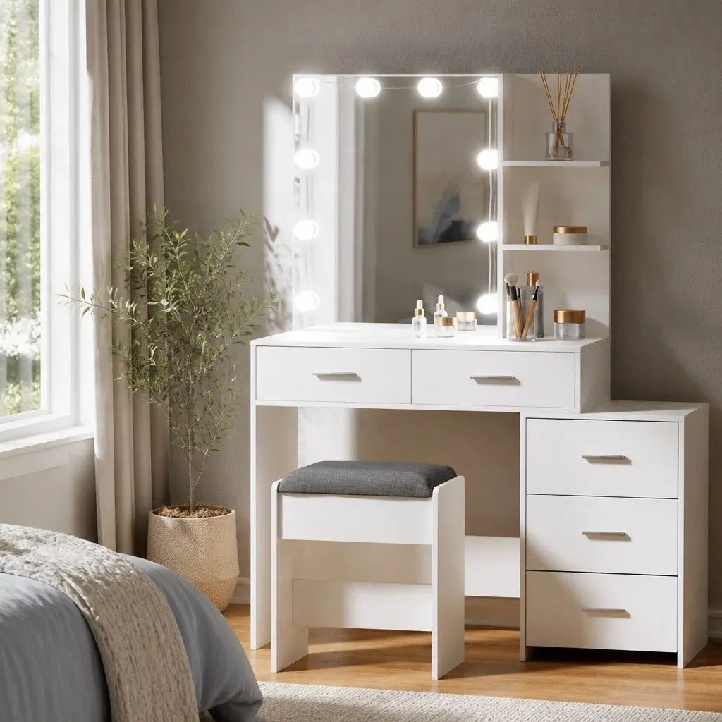Dressing Table Set White LED Makeup Mirror Padded Stool Five Storage Drawers