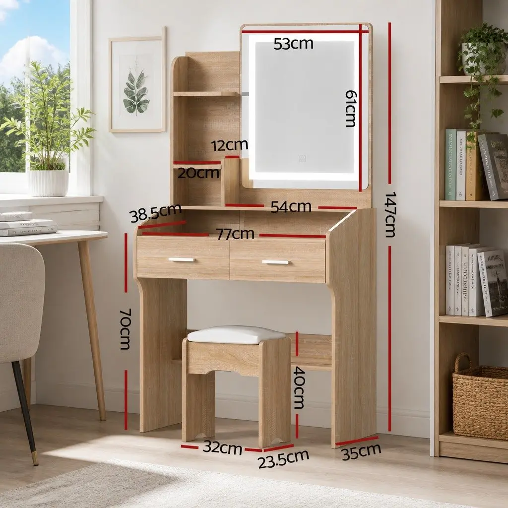 Dressing Table Set Black Wood LED Mirror Adjustable Light Modes with Stool