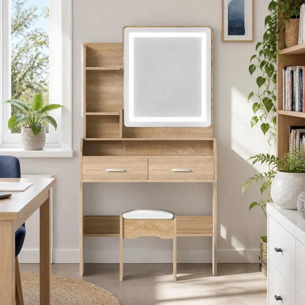 Dressing Table Set Black Wood LED Mirror Adjustable Light Modes with Stool
