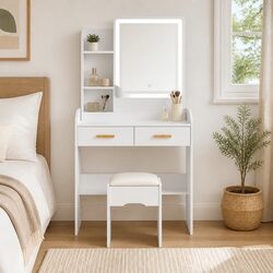 Dressing Table Set with Stool Hollywood LED Makeup Mirror White Vanity