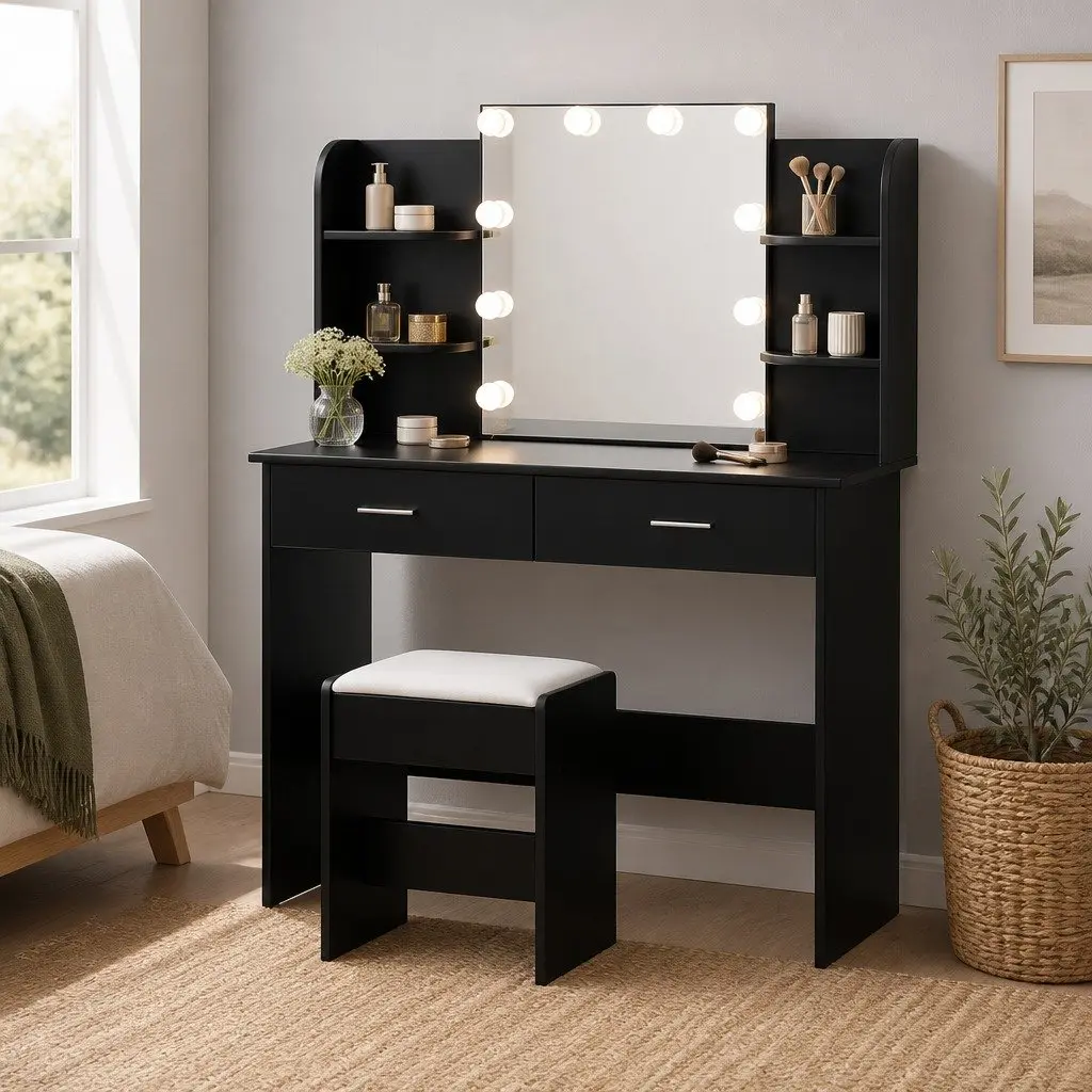 Dressing Table Set Black 10 LED Bulbs Hollywood Mirror Makeup Vanity with Stool