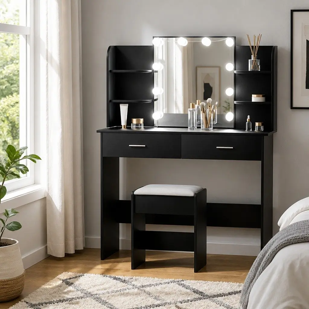 Dressing Table Set Black 10 LED Bulbs Hollywood Mirror Makeup Vanity with Stool