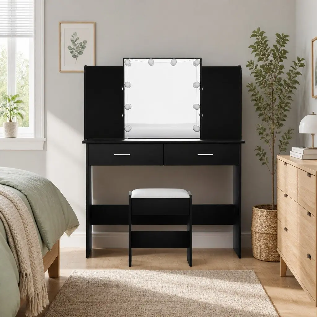 Dressing Table Set Black 10 LED Bulbs Hollywood Mirror Makeup Vanity with Stool