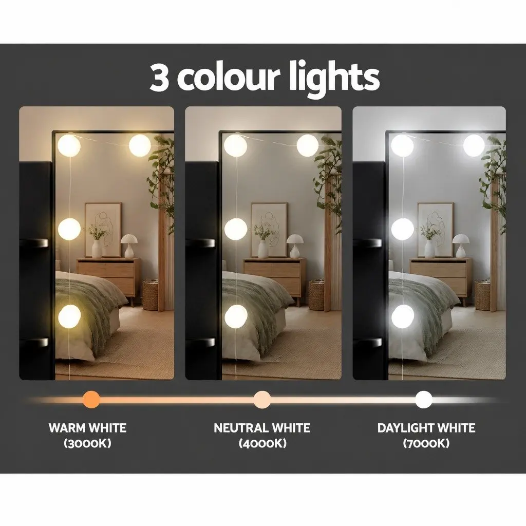 Dressing Table Set Black 10 LED Bulbs Hollywood Mirror Makeup Vanity with Stool