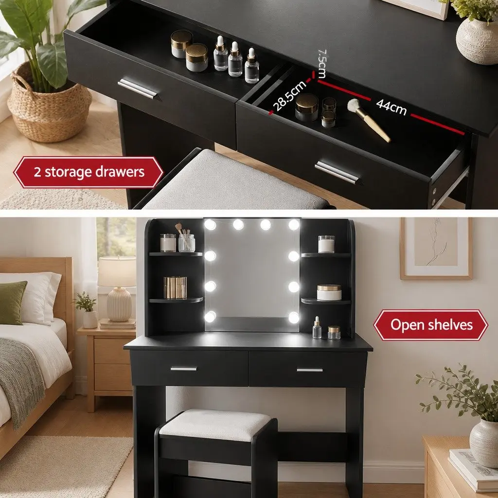 Dressing Table Set Black 10 LED Bulbs Hollywood Mirror Makeup Vanity with Stool