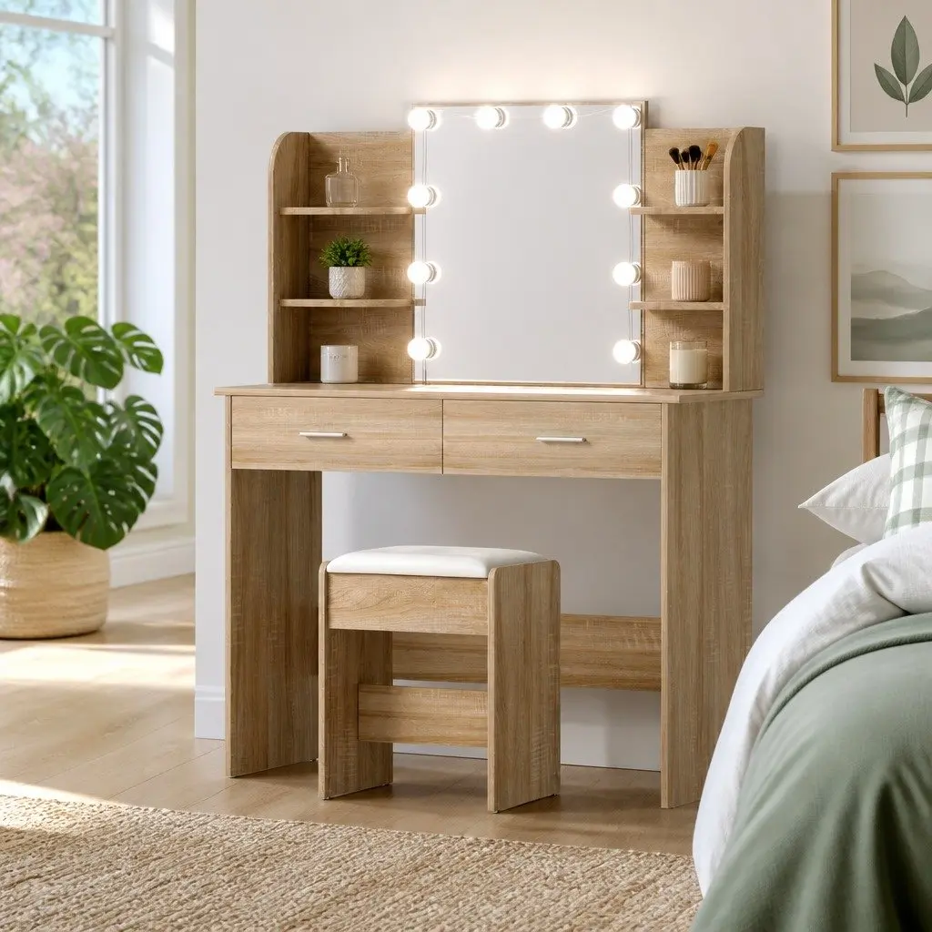 Dressing Table Set with Stool LED Bulbs Hollywood Vanity Mirror Makeup Desk