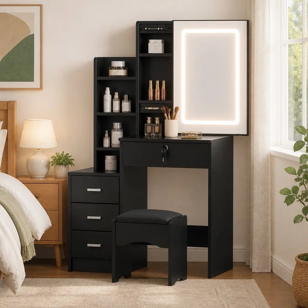 Dressing Table Vanity Desk Black with LED Lights Mirror and Stool Modern Bedroom Furniture