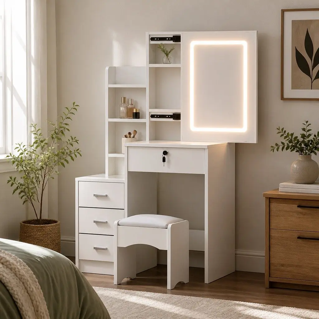 Dressing Table Vanity Desk Set with Stool LED Lights White