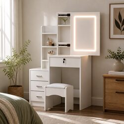 Dressing Table Vanity Desk Set with Stool LED Lights White Bedroom Makeup Mirror