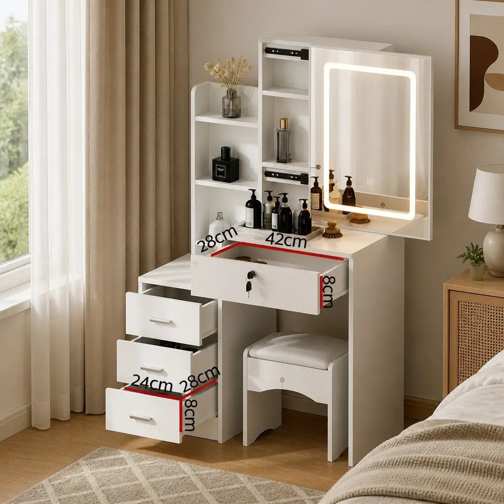 Dressing Table Vanity Desk Set with Stool LED Lights White