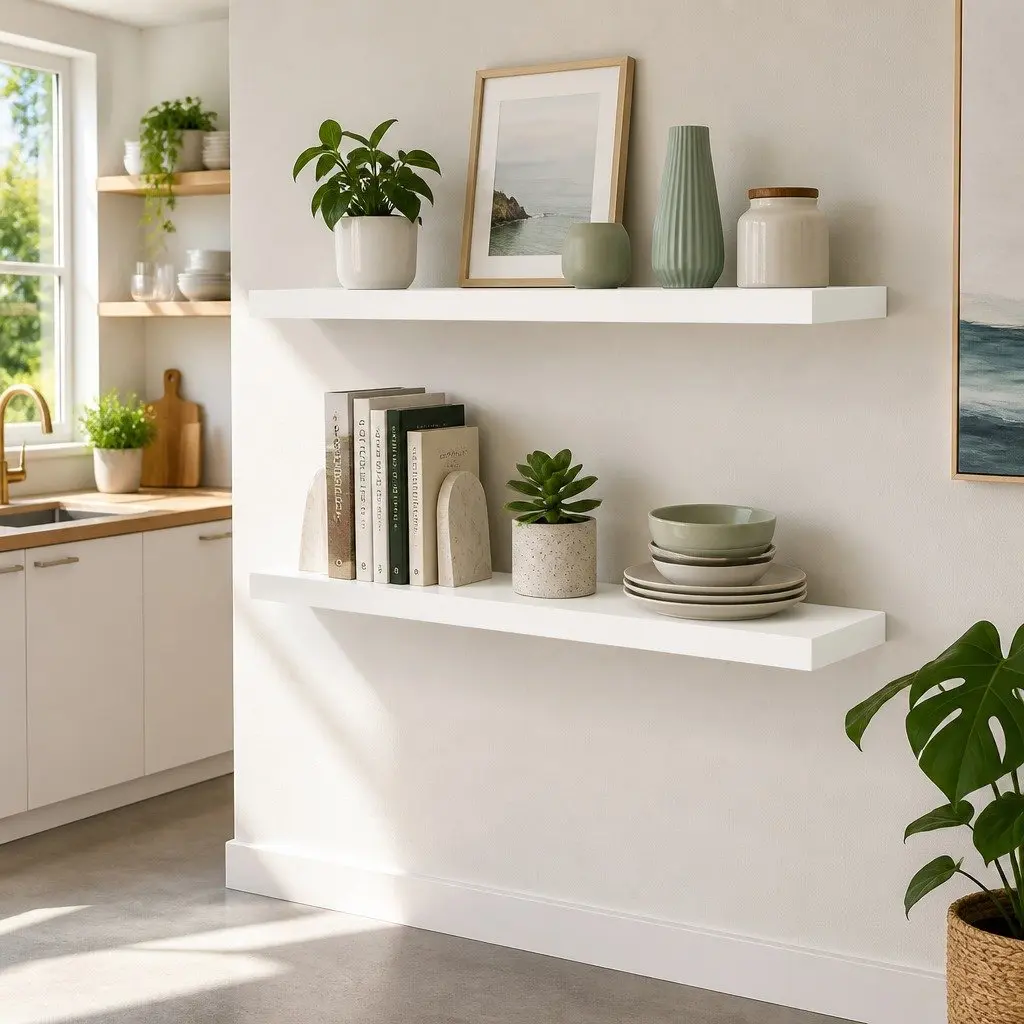 Floating Wall Shelves White 90CM Space-Saving Set of 2 Home Organiser Display Shelves