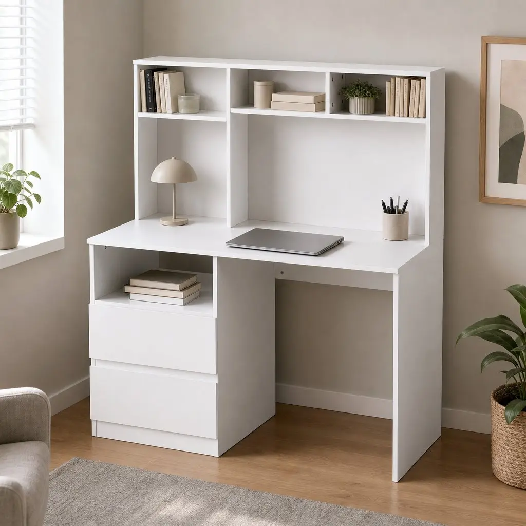 Computer Desk 120cm Wide Desktop Storage Shelves Drawer Cabinet White