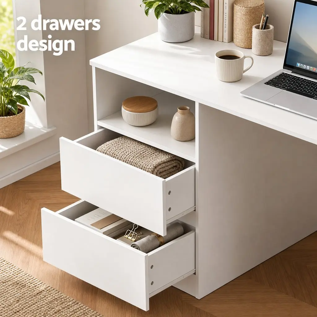Computer Desk 120cm Wide Desktop Storage Shelves Drawer Cabinet White