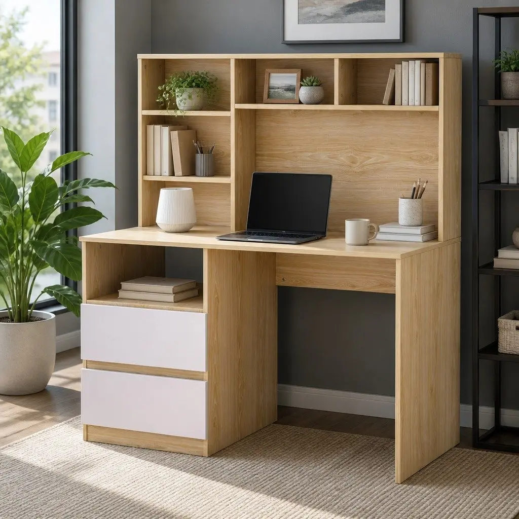 Computer Desk 120cm Wide Work Surface with Shelves Drawers Storage Cabinet White