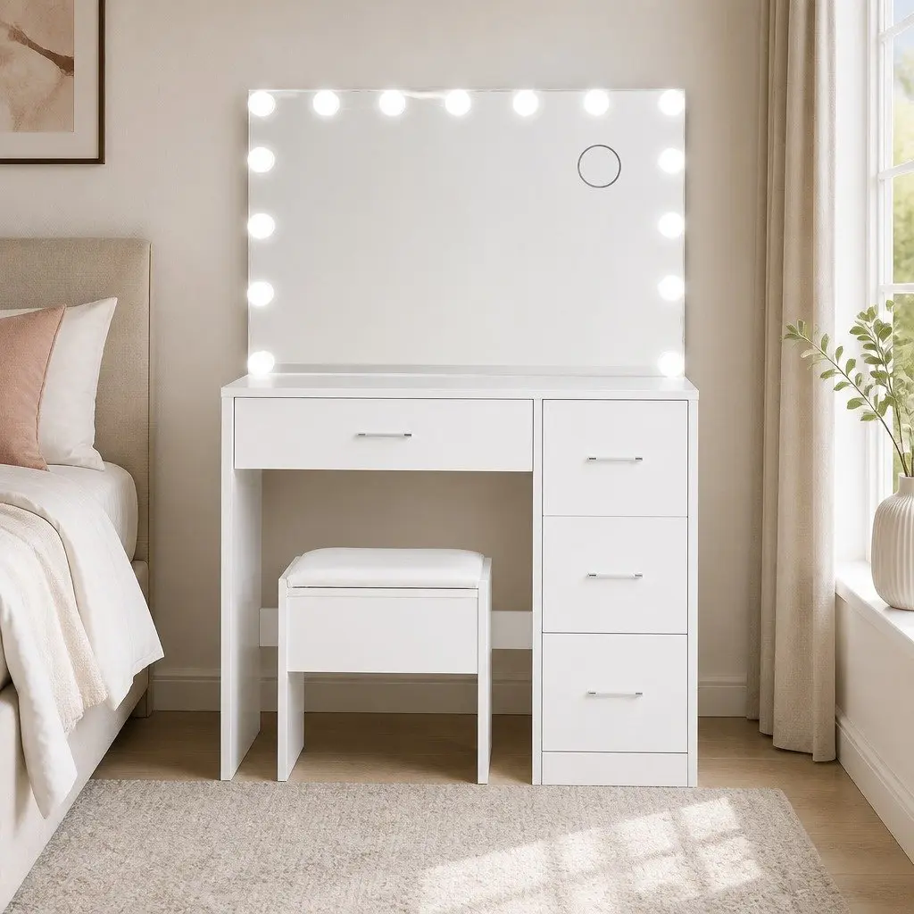 Dressing Table Set White LED Mirror Makeup Vanity with Stool and Storage Drawers