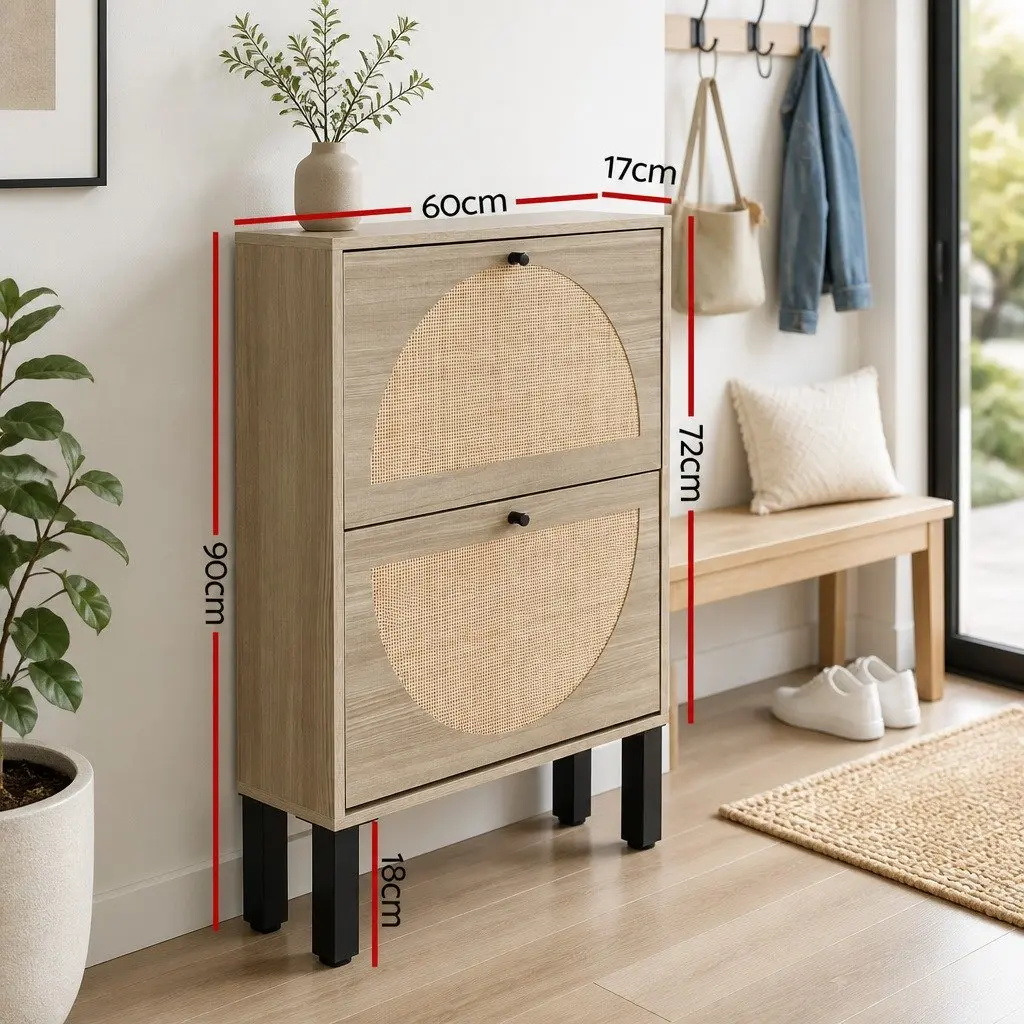 Shoe Rack Cabinet 2 Drawers Rattan Storage Organiser 6 Pairs Entryway Furniture