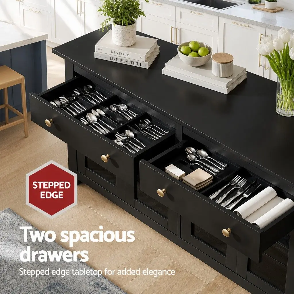 Buffet Sideboard 130cm Clear Glass Door Storage Cabinet with 2 Drawers and Height Adjustable Shelves