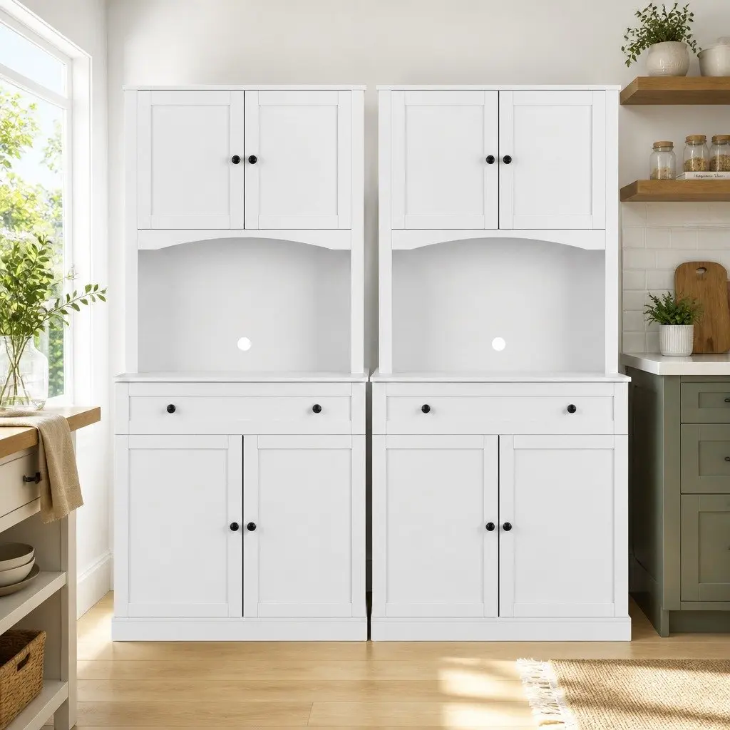 Buffet Sideboard Cabinet 180cm High White Storage with 4 Doors 2 Adjustable Shelves and 1 Drawer Set of 2