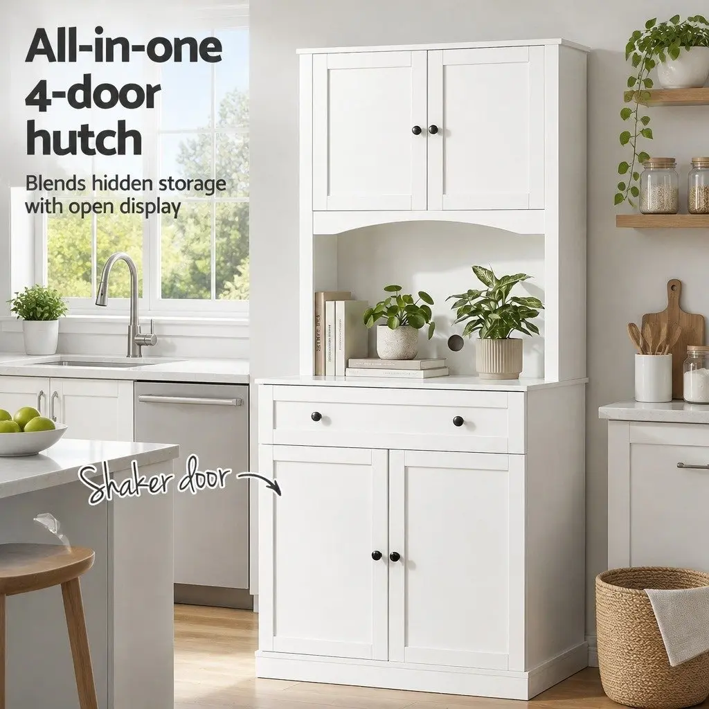 Buffet Sideboard Cabinet 180cm High White Storage with 4 Doors 2 Adjustable Shelves and 1 Drawer Set of 2