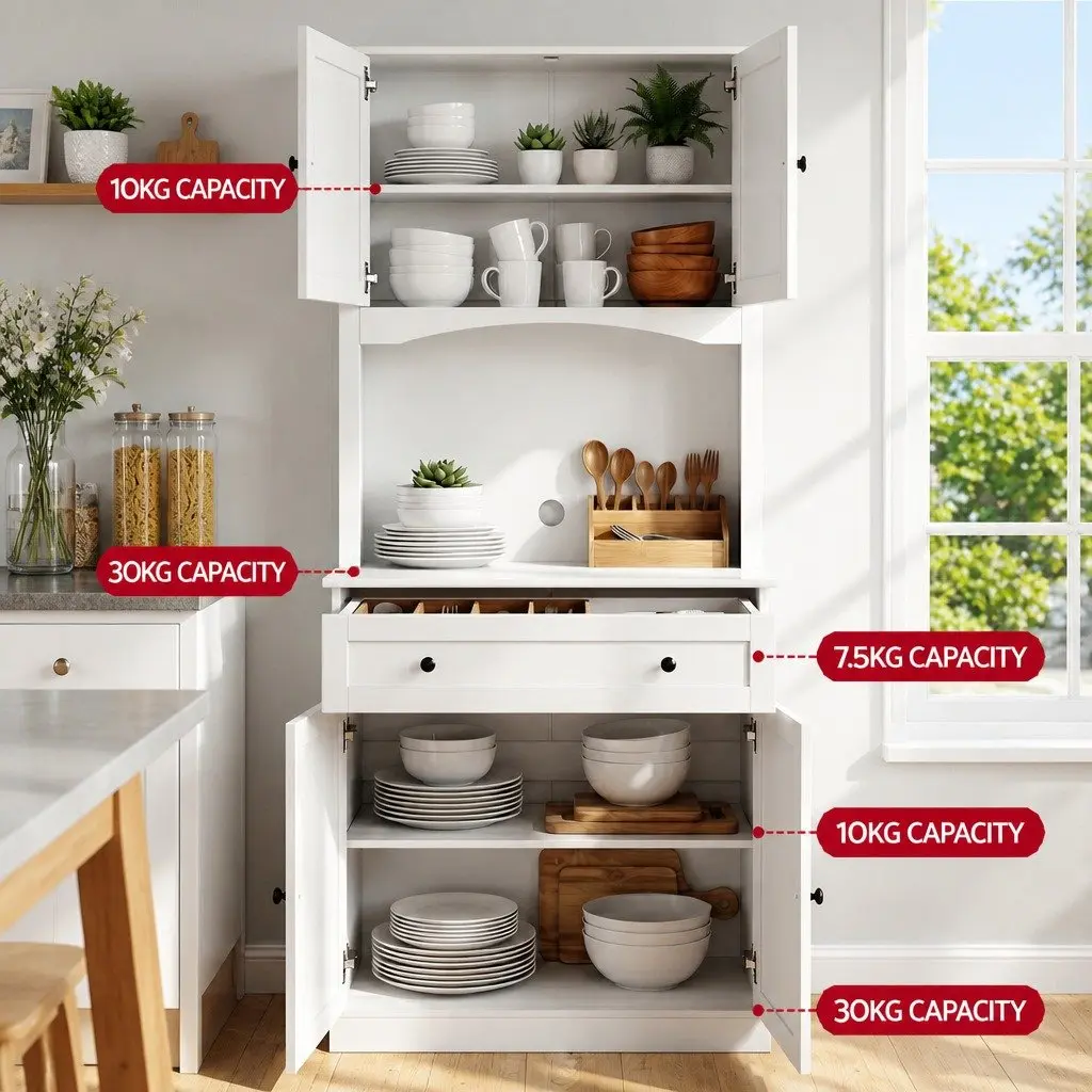 Buffet Sideboard Cabinet 180cm High White Storage with 4 Doors 2 Adjustable Shelves and 1 Drawer Set of 2