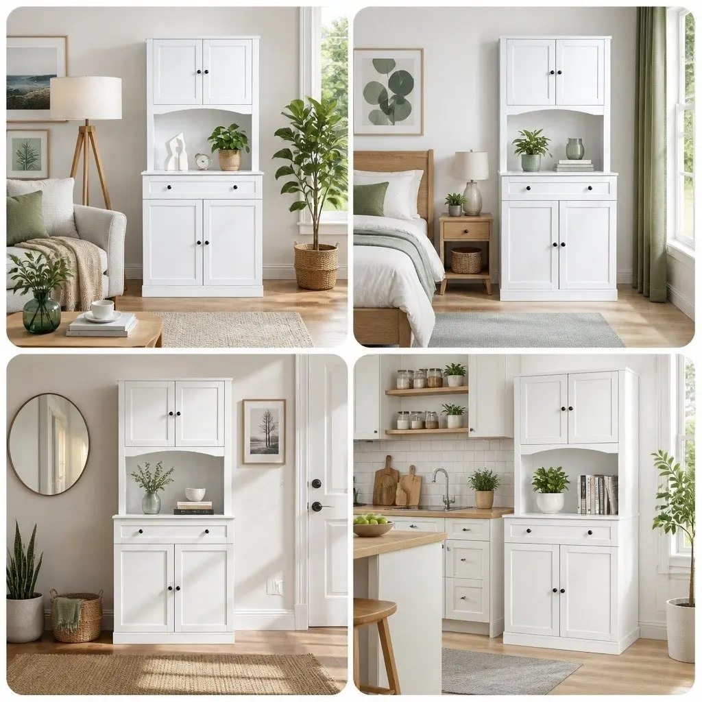Buffet Sideboard Cabinet 180cm High White Storage with 4 Doors 2 Adjustable Shelves and 1 Drawer Set of 2