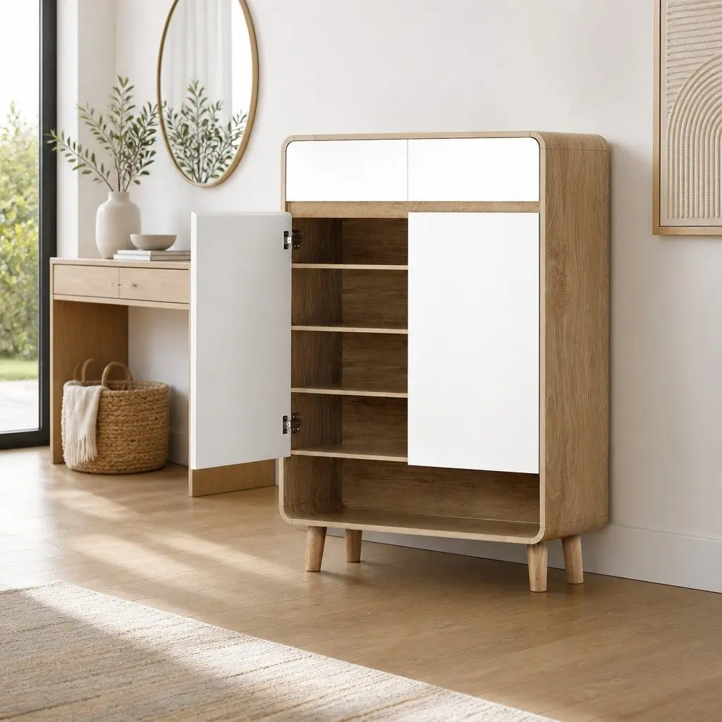 Shoe Storage Cabinet 5 Tier 20 Pairs Capacity with Drawers White Pine