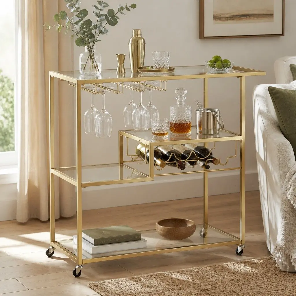 Bar Cart 102cm Gold Metal Frame Mirrored Glass Shelves Removable Wine Racks Glass Holders