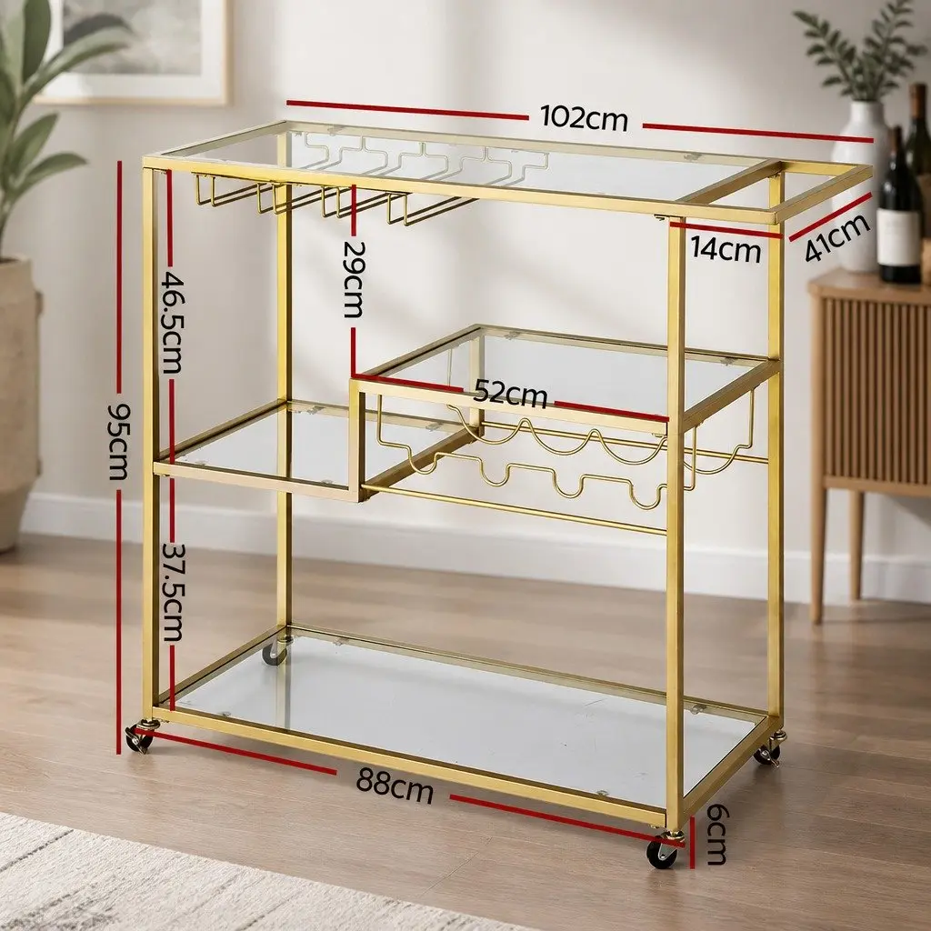 Bar Cart 102cm Gold Metal Frame Mirrored Glass Shelves Removable Wine Racks Glass Holders