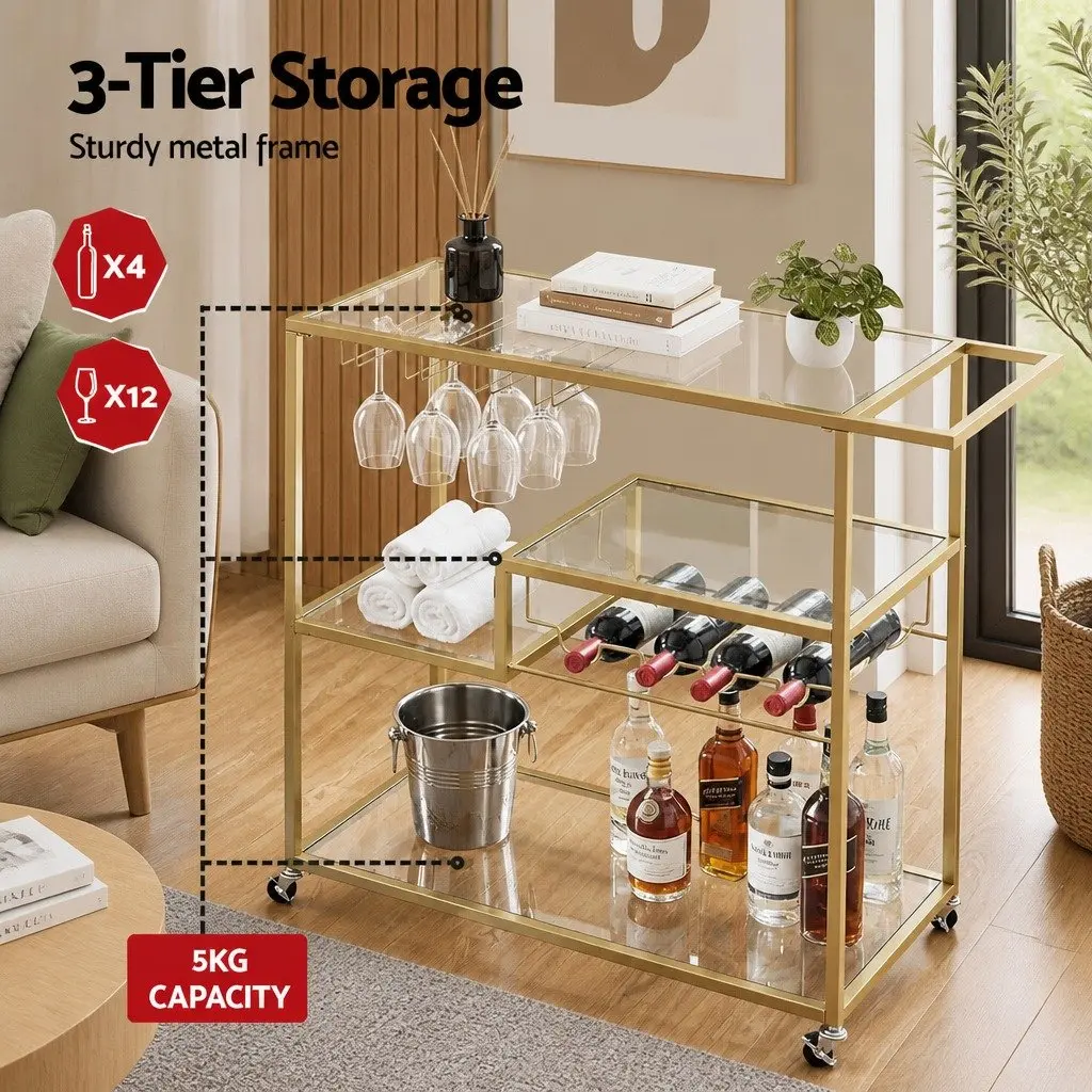 Bar Cart 102cm Gold Metal Frame Mirrored Glass Shelves Removable Wine Racks Glass Holders
