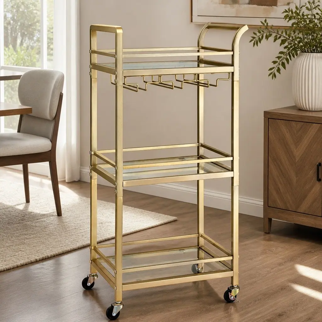 Kitchen Island Cart Trolley 43cm Gold 3-Tier Mirrored Tempered Glass Shelves Rolling Serving Storage