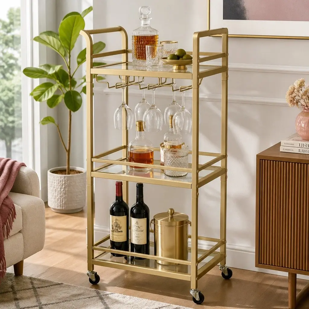 Kitchen Island Cart Trolley 43cm Gold 3-Tier Mirrored Tempered Glass Shelves Rolling Serving Storage