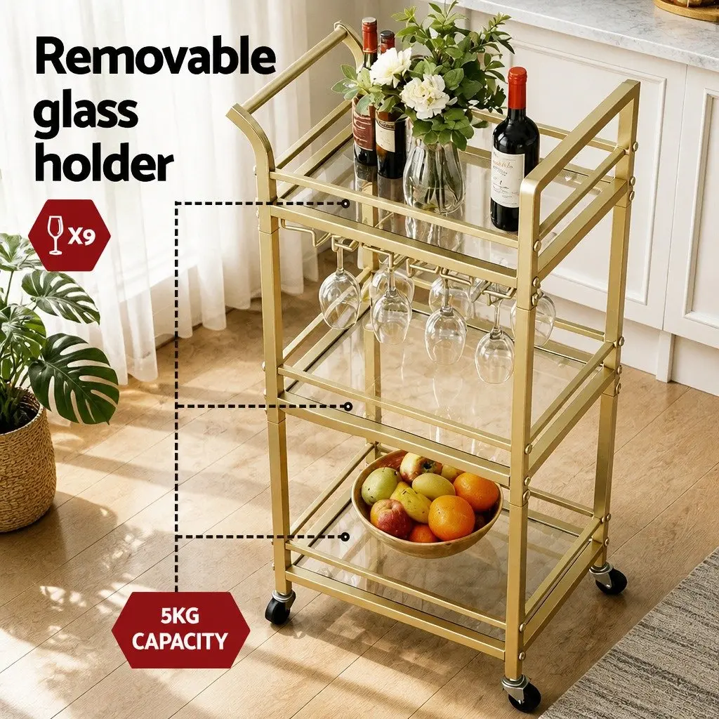 Kitchen Island Cart Trolley 43cm Gold 3-Tier Mirrored Tempered Glass Shelves Rolling Serving Storage
