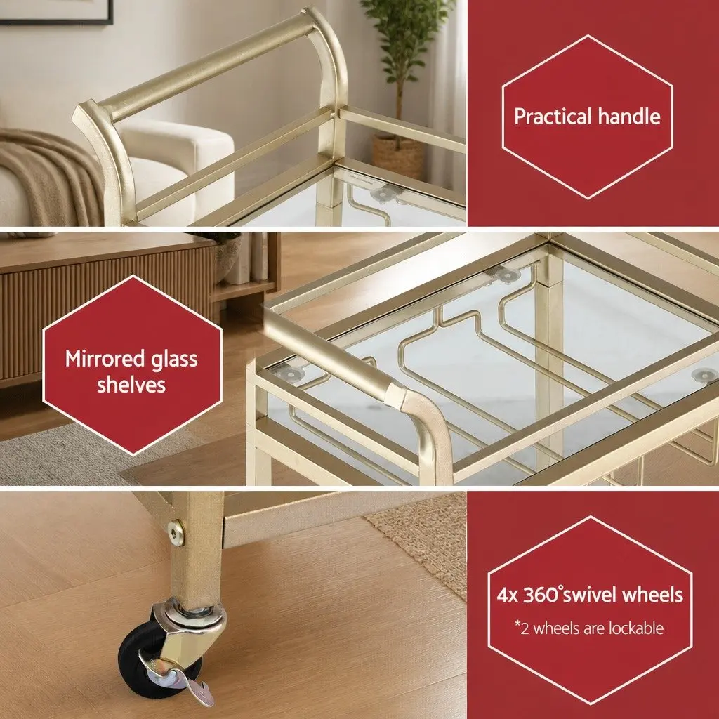 Kitchen Island Cart Trolley 43cm Gold 3-Tier Mirrored Tempered Glass Shelves Rolling Serving Storage