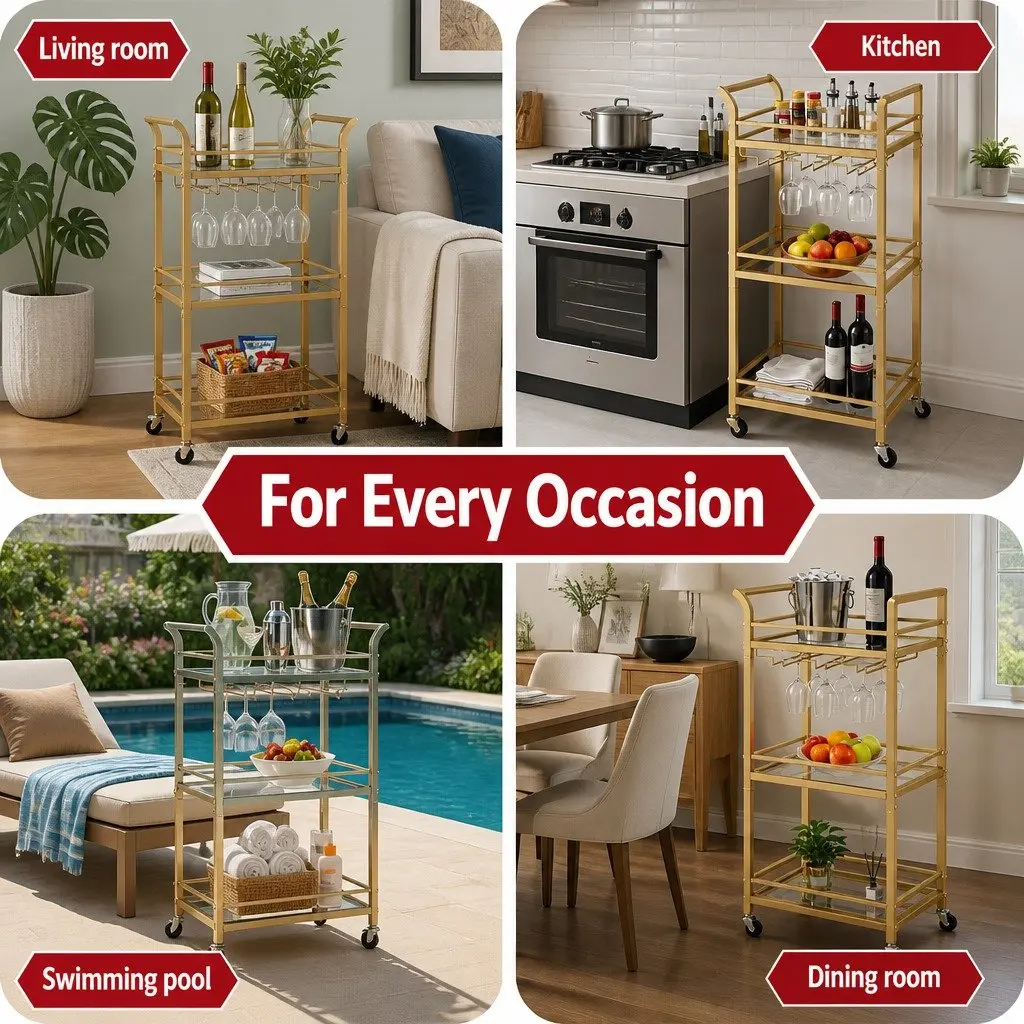 Kitchen Island Cart Trolley 43cm Gold 3-Tier Mirrored Tempered Glass Shelves Rolling Serving Storage