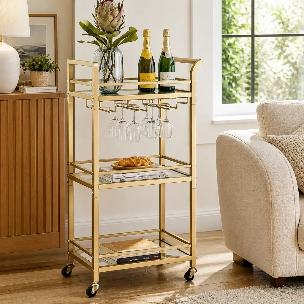Kitchen Island Cart Trolley 43cm Gold 3-Tier Mirrored Tempered Glass Shelves Rolling Serving Storage