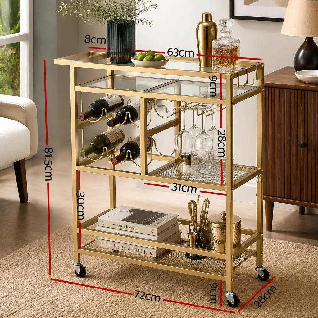 Bar Cart 72cm Gold Metal Frame Mirrored Glass Shelves Removable Wine Racks Glass Holder 3 Hooks Mobile Serving Trolley