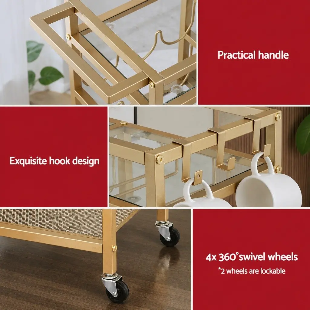 Bar Cart 72cm Gold Metal Frame Mirrored Glass Shelves Removable Wine Racks Glass Holder 3 Hooks Mobile Serving Trolley