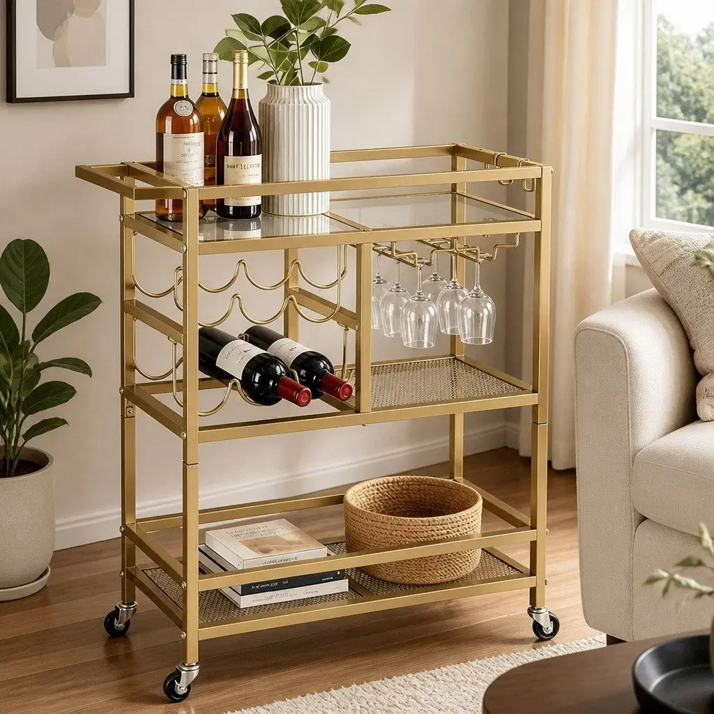 Bar Cart 72cm Gold Metal Frame Mirrored Glass Shelves Removable Wine Racks Glass Holder 3 Hooks Mobile Serving Trolley