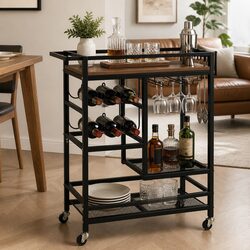 Bar Cart Drinks Trolley Serving Wine Rack Glass Holder Mobile Kitchen Island