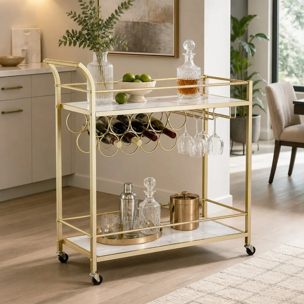 Bar Cart 85cm Marble-effect Shelves Gold Frame with Removable Wine Rack and Glass Holder