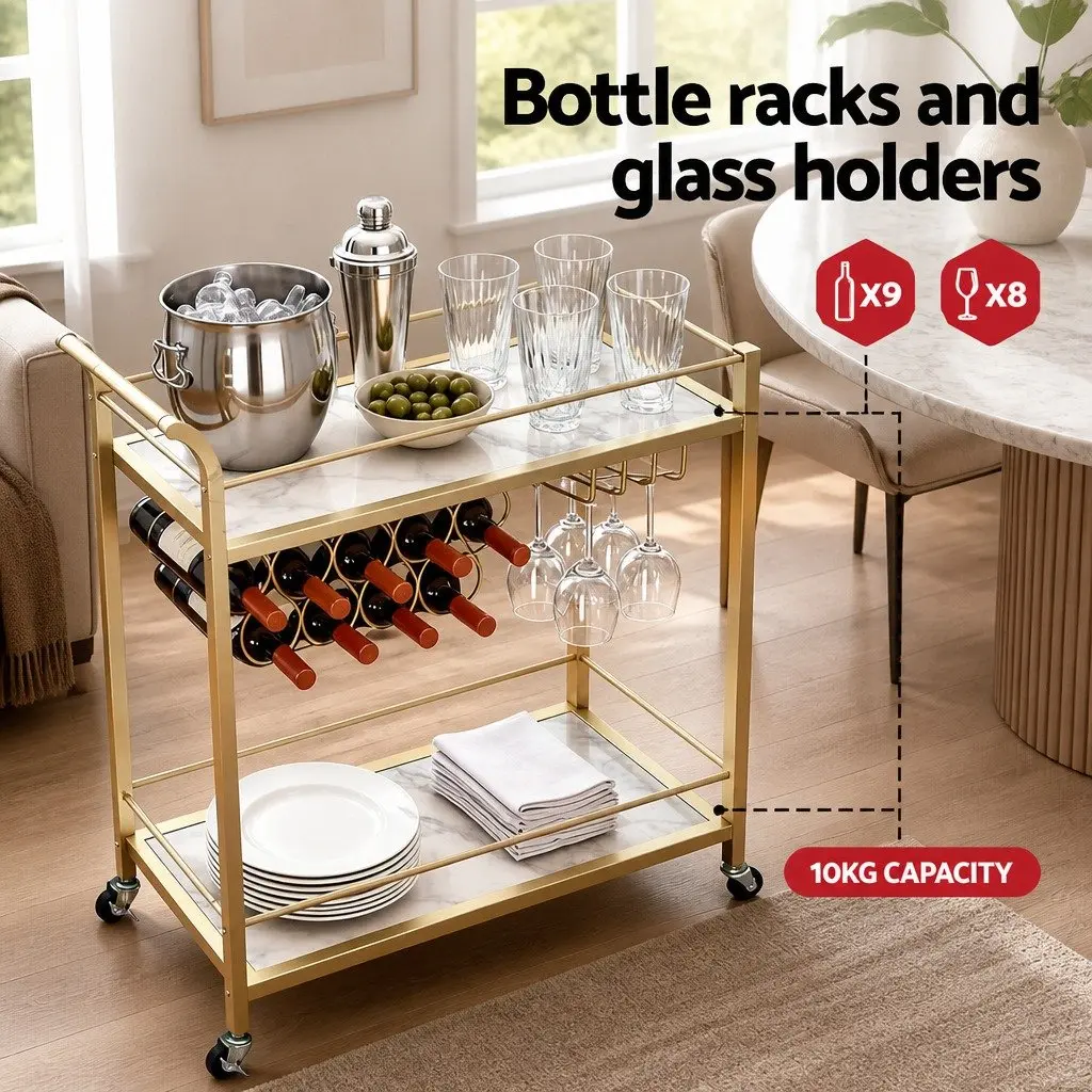 Bar Cart 85cm Marble-effect Shelves Gold Frame with Removable Wine Rack and Glass Holder