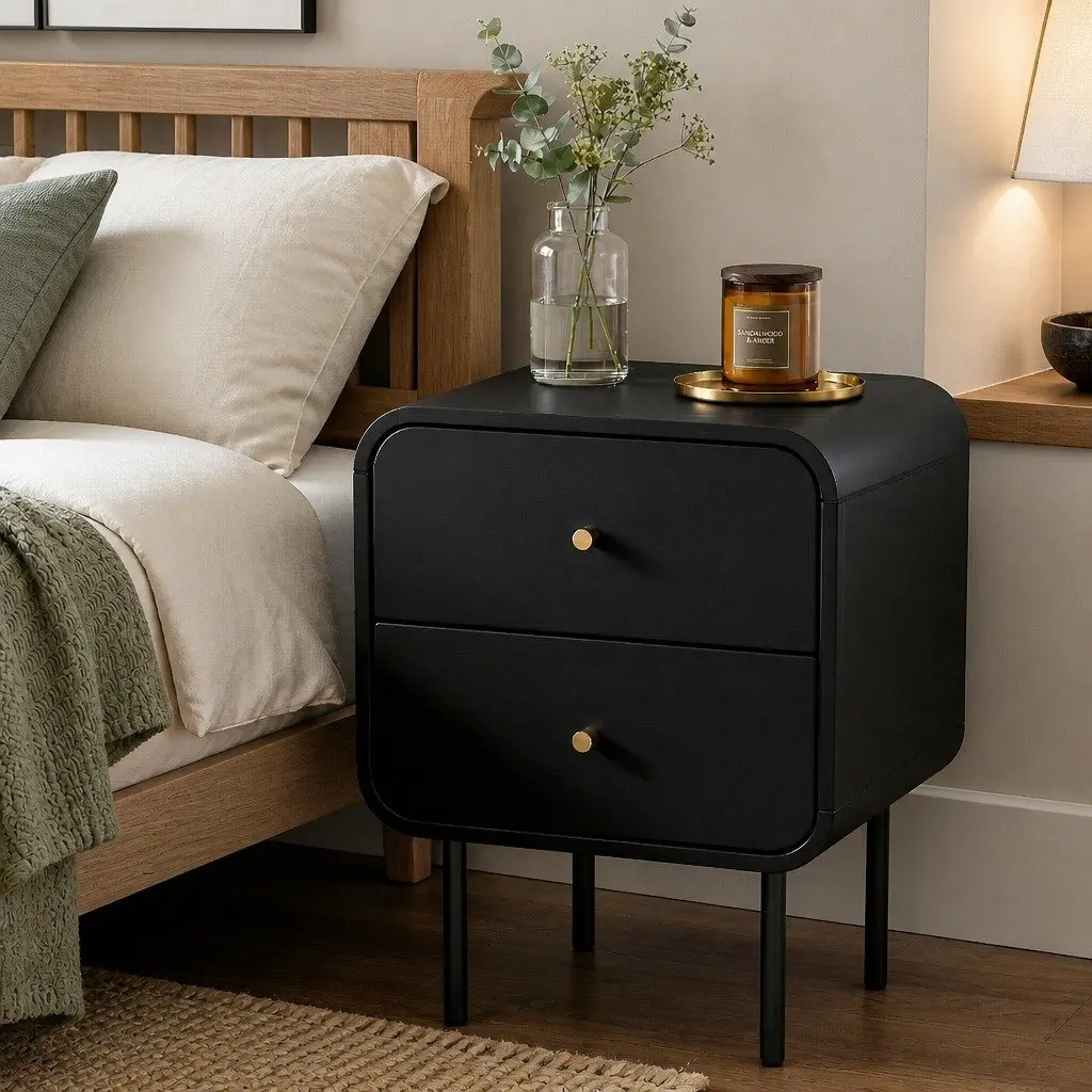 Bedside Table 2 Drawers White Nightstand with Metal Handles Storage