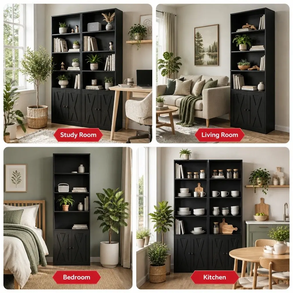 6 Tier Black Bookshelf Display Unit Storage Cabinet with Concealed Storage and Multiple Shelves